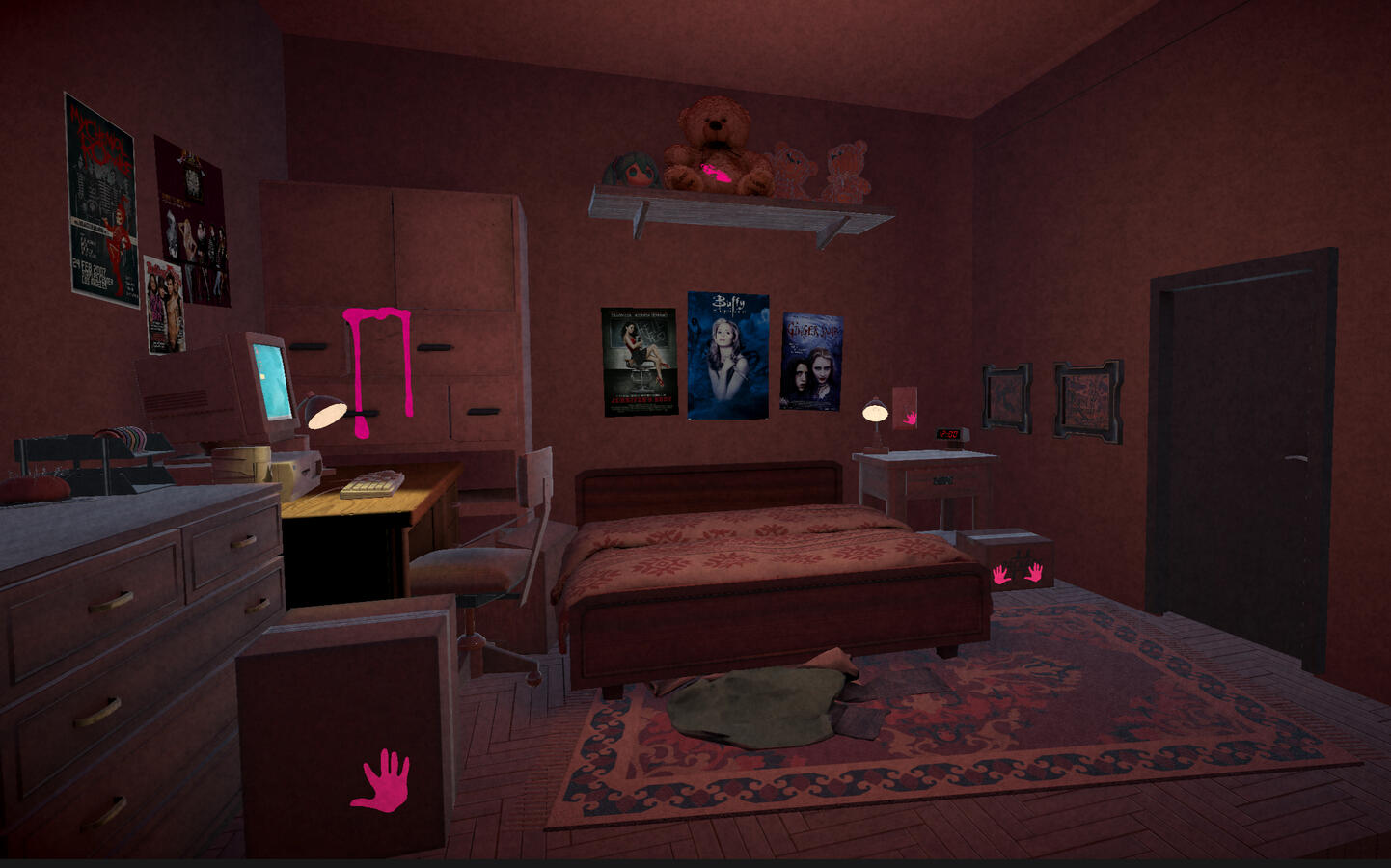Environmental design for Phoebe's bedroom. I designed it to look like a typical preteen girl's bedroom. This is where the player starts the game and thus the most normal and safe area.