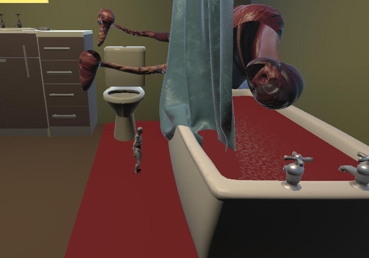 This is an early graybox of the bathroom. We initially were going to have blood across the floor in here as well as the hallway.