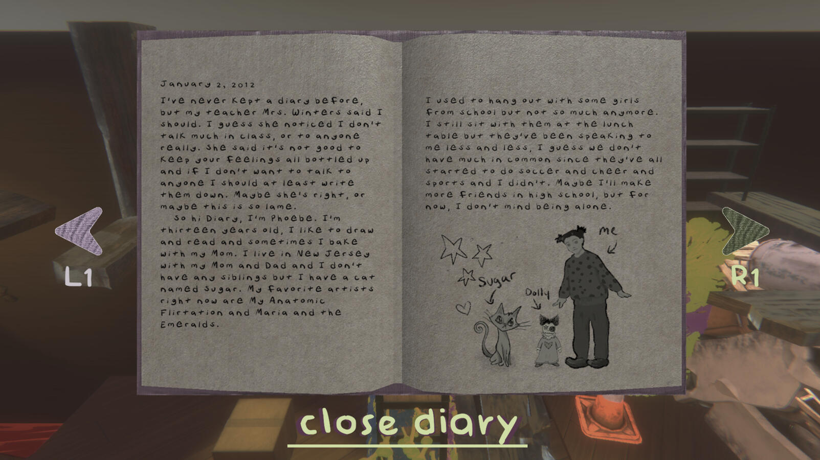 The in-game diary layout