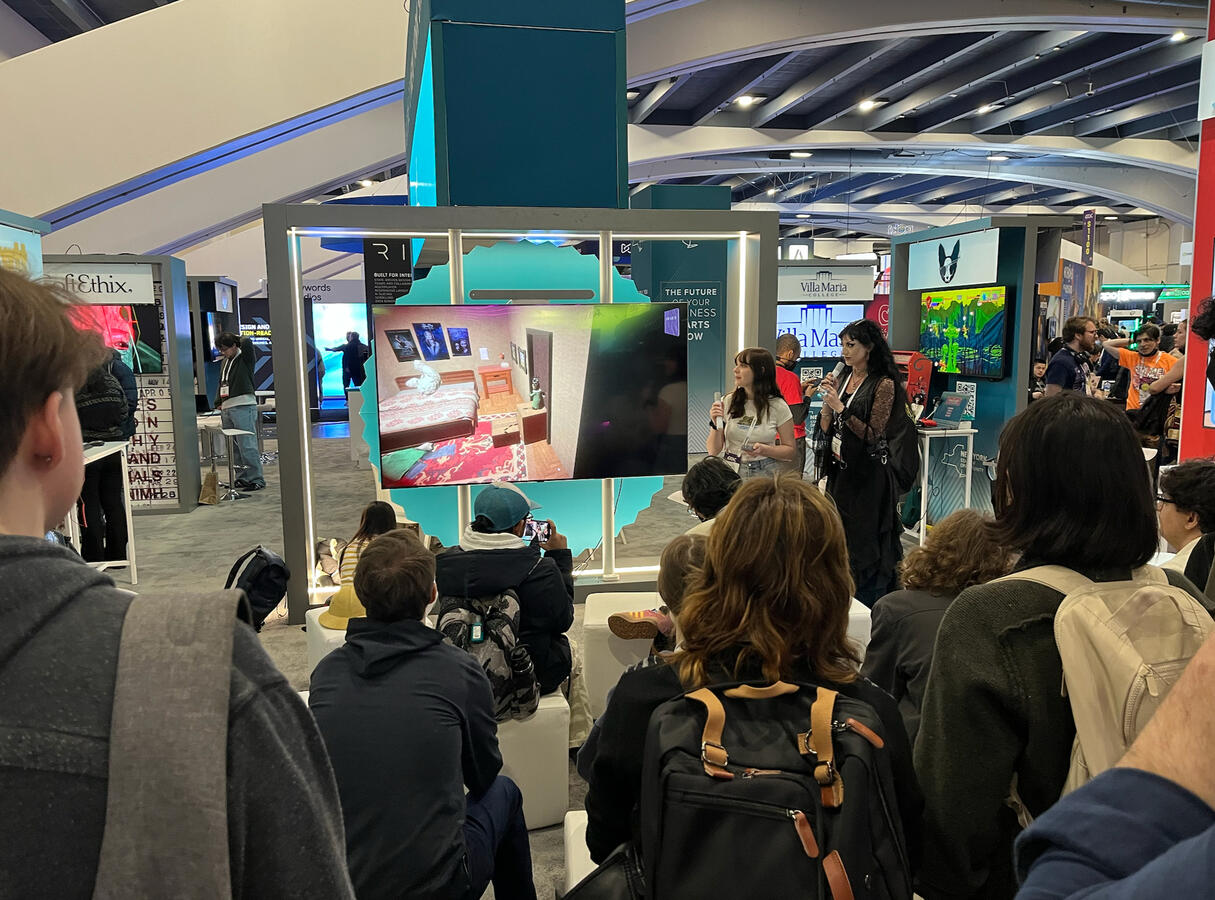My team giving a talk about Doll Parts at the New York State Pavilion at GDC.