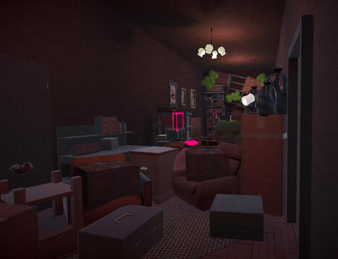 Environmental design for the hallway. This is where the player first encounters a sense of danger. I wanted it to feel cluttered and overwhelming at first. If the bedroom is a safe haven, the hallway is the start of a descent into the otherworldly.