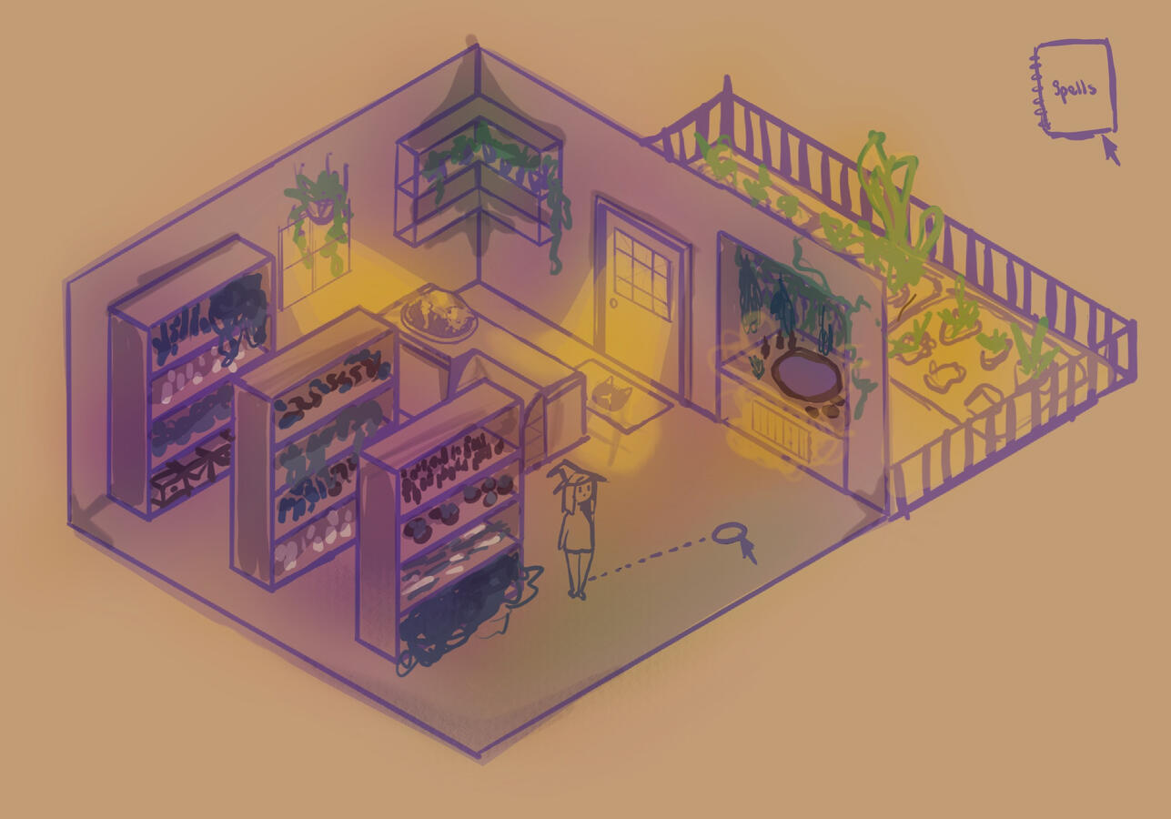 My concept art for inside the potion shop. I wanted the space to feel cozy and filled with plants and natural light.