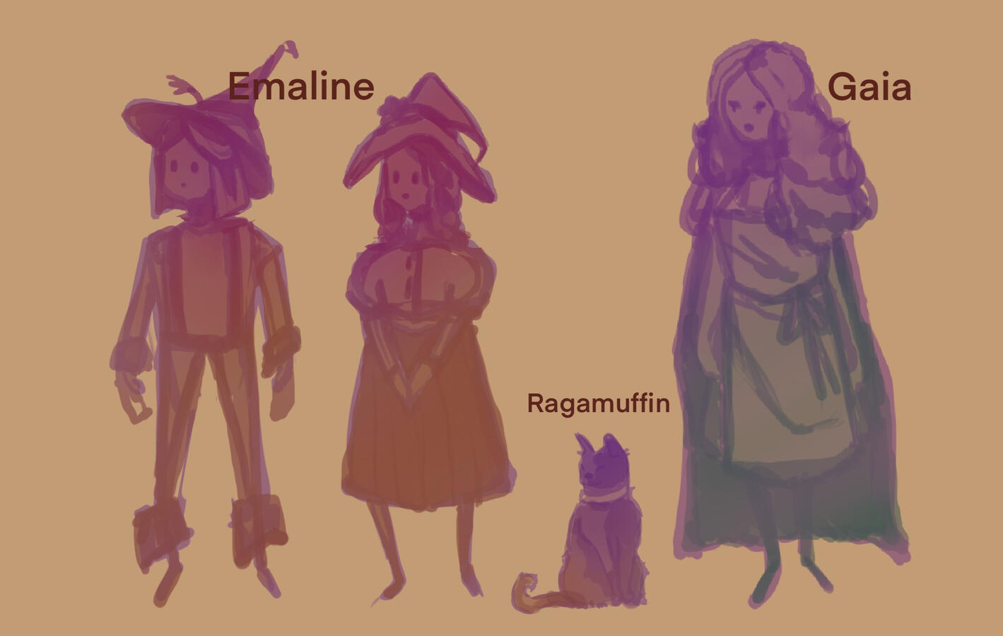 My initial concept art for the main characters of Gaia's Brewery. We initially were going to implement a character selection mechanic (hence the two different version of Emaline), but later scrapped it due to time constraints.