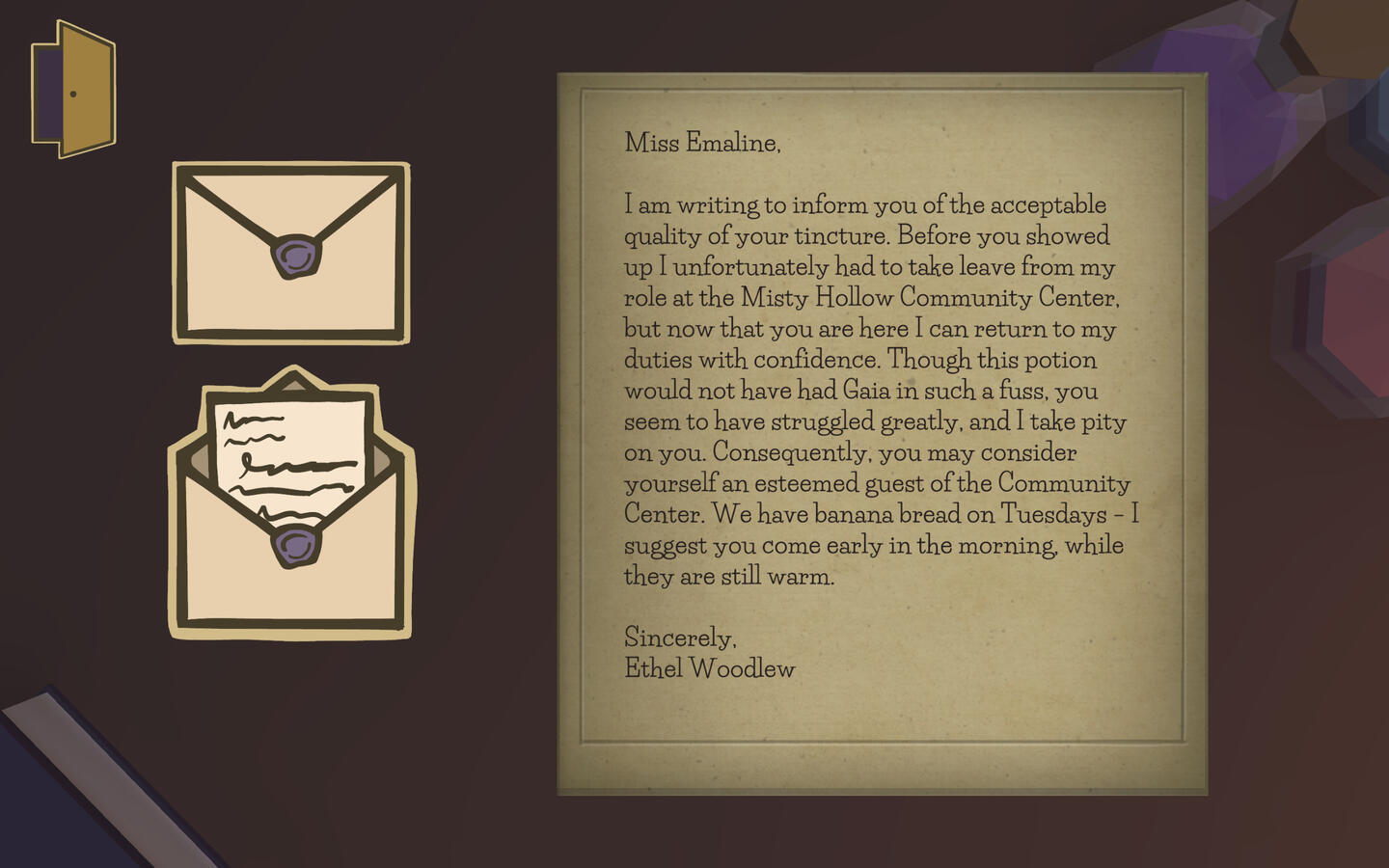 The player receives letters inbetween days