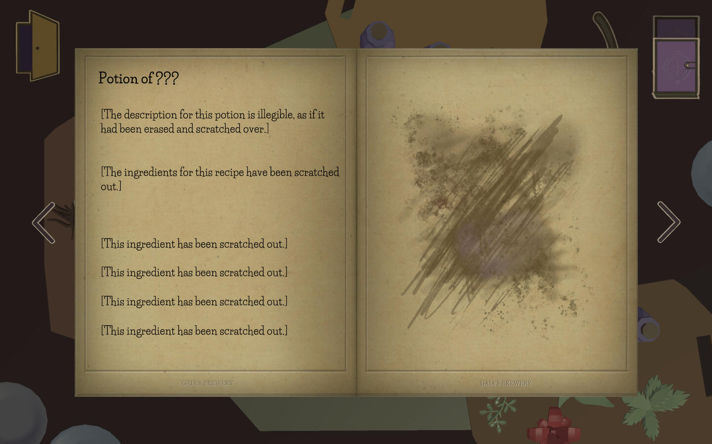 Gaia's potion book with recipes for the player