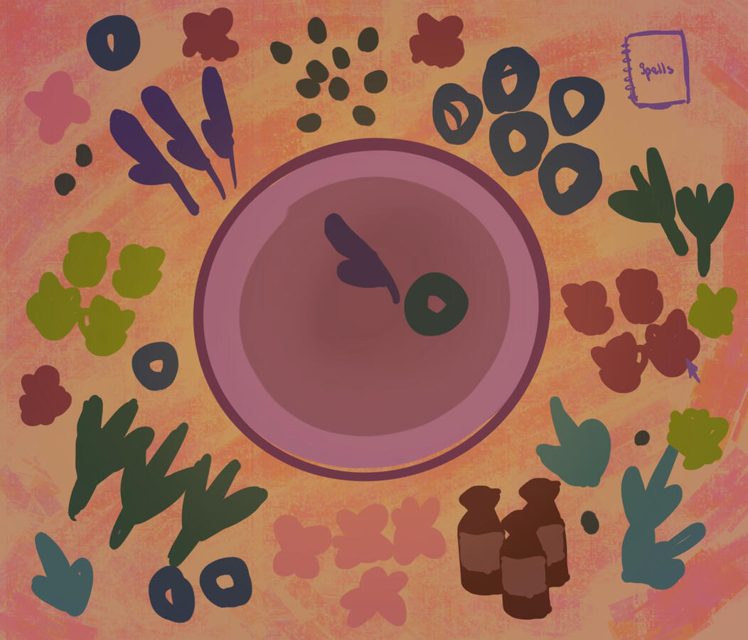 My concept art for the brewing scene. We took inspiration from the cooking mechanic in Venba and decided on a top down scene in which you can click and drag your ingredients into the cauldron.