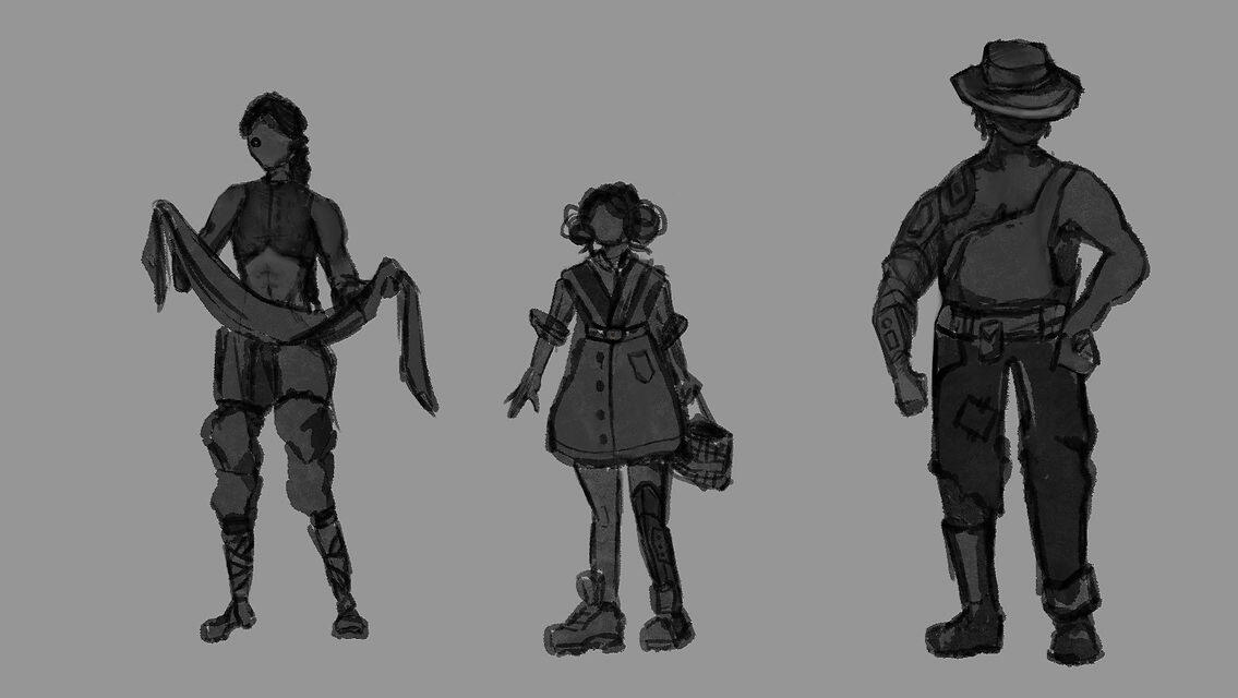 Early thumbnail sketches. I had three different ideas for the type of person I wanted my character to be.