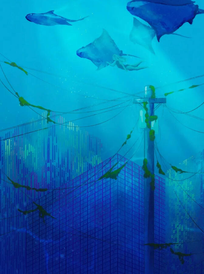 A concept sketch of an underwater city environment.