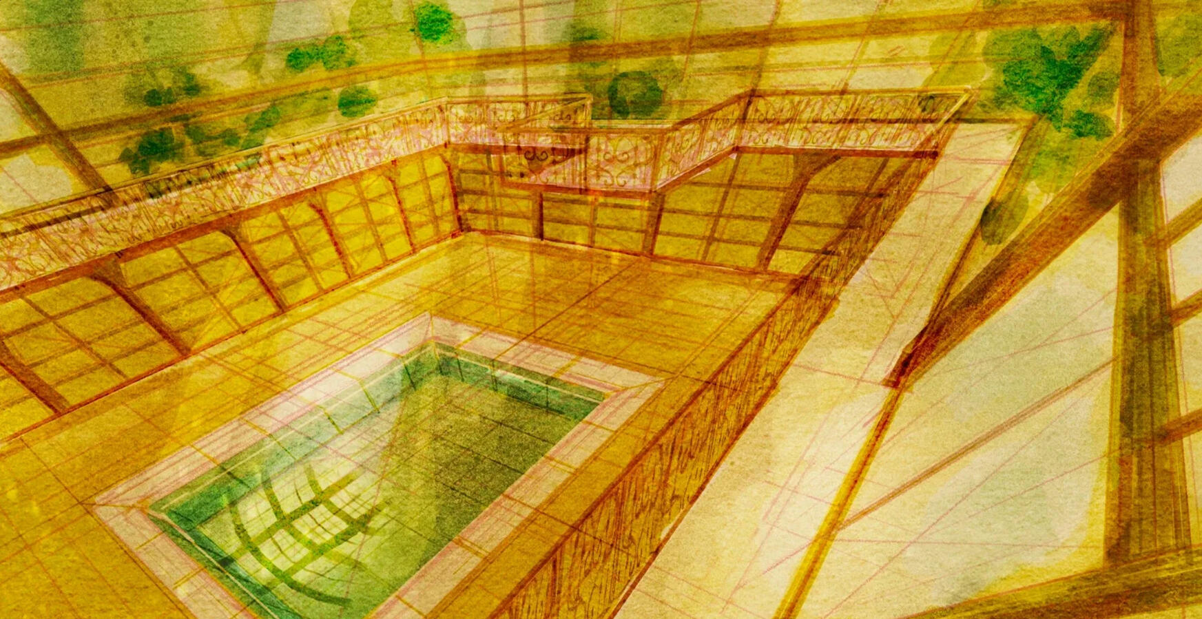 A concept sketch for a 3D model I did for a modeling class. I was inspired by art deco architecture and extravagant glass greenhouses.