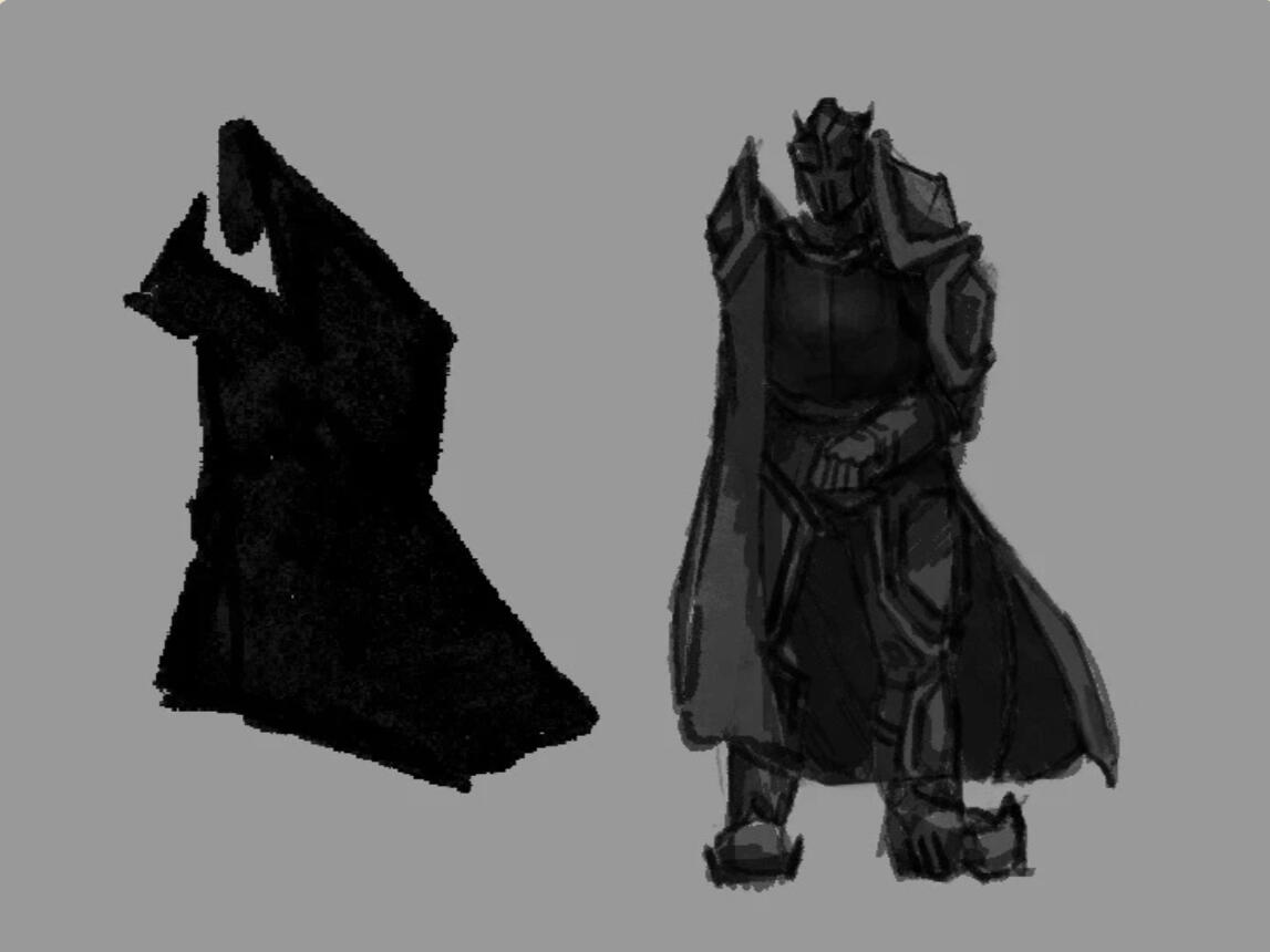 This was a thumbnail sketch I did inspired by the silhouette of a mouse (the USB kind). I contorted the proportions into a different silhouette, and then created a character based on that silhouette.