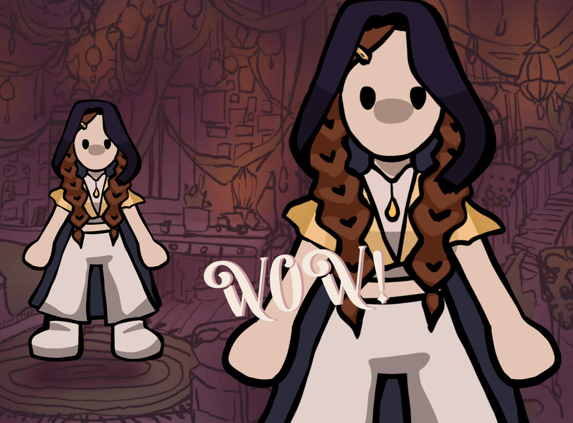 I designed the end screen when the player is finished with they're outfit. A custom blurb slides across screen to accompany your beautiful wizard outfit!