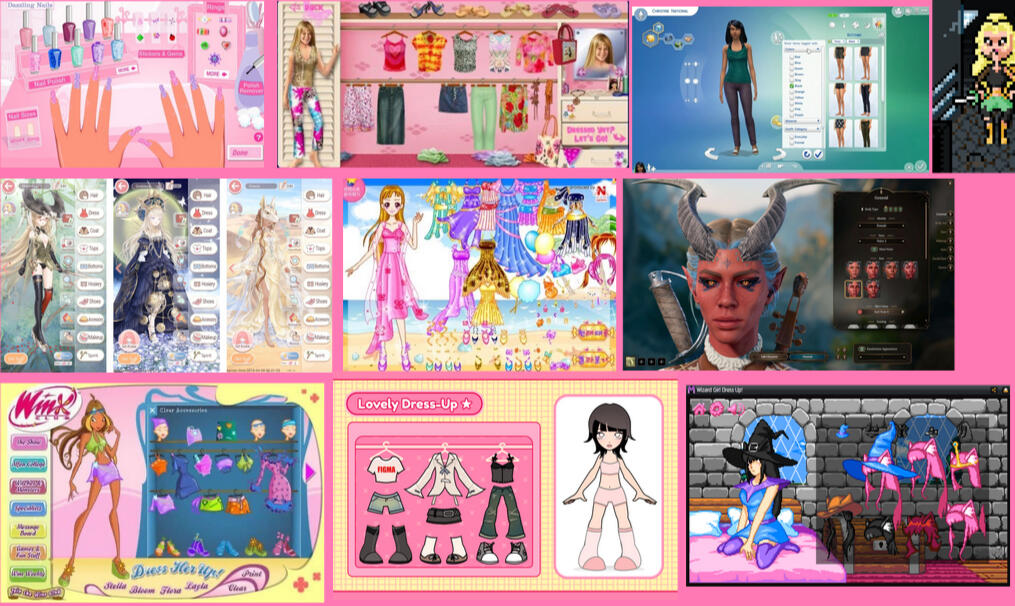 This was a moodboard I compiled of a variety of different dress up game and mechanic influences.