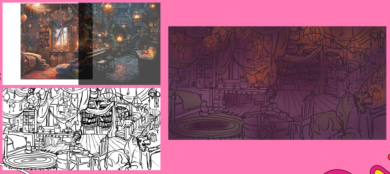 This was my design for the background. I went on Pinterest and mashed together a few different wizard-inspired images and created a bedroom for our wizard based on that.